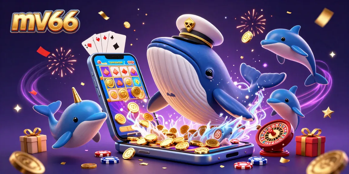 High-energy scene showcasing mv66 with a whale, narwhal, and dolphins in a vibrant casino-themed illustration.