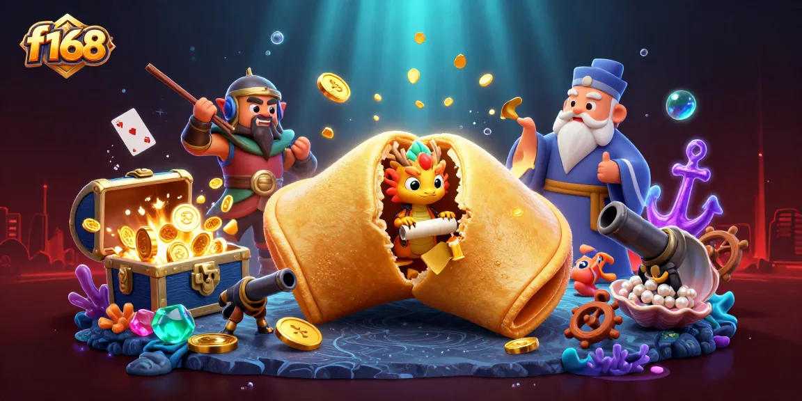 Win big at f168 with a vibrant casino scene featuring a golden fortune cookie and treasures!