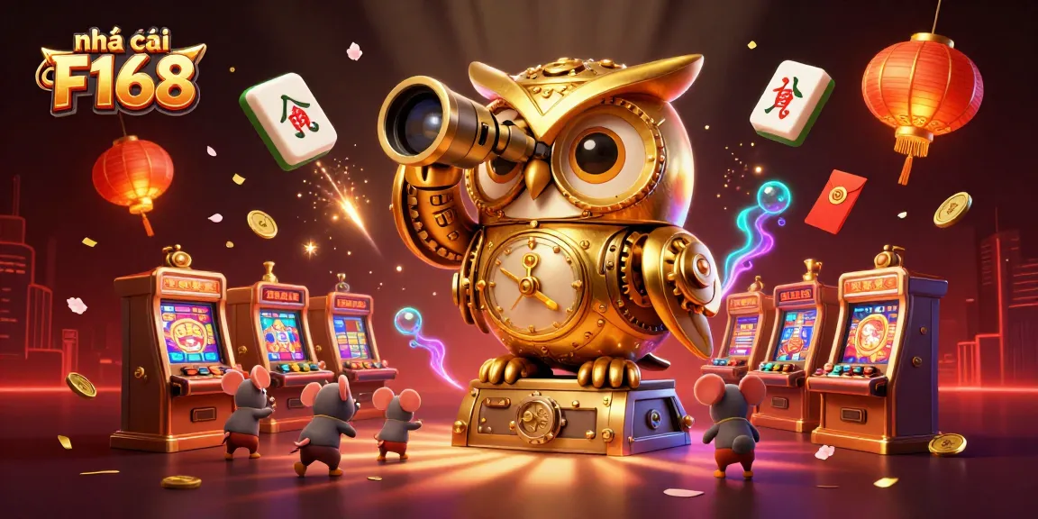 Experience the excitement at nhà cái F168 with a vibrant casino scene featuring a golden owl and animated patrons.