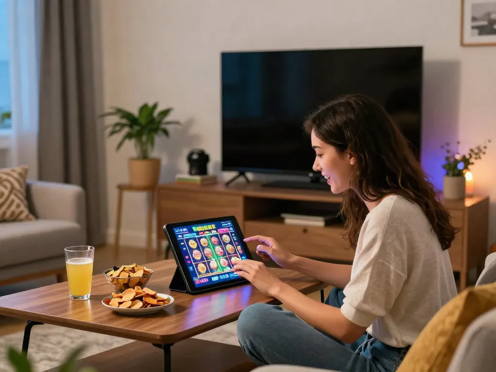 Exciting gaming scene showcasing a player enjoying casino bonus sans depot offers at home, surrounded by snacks and vibrant decor.