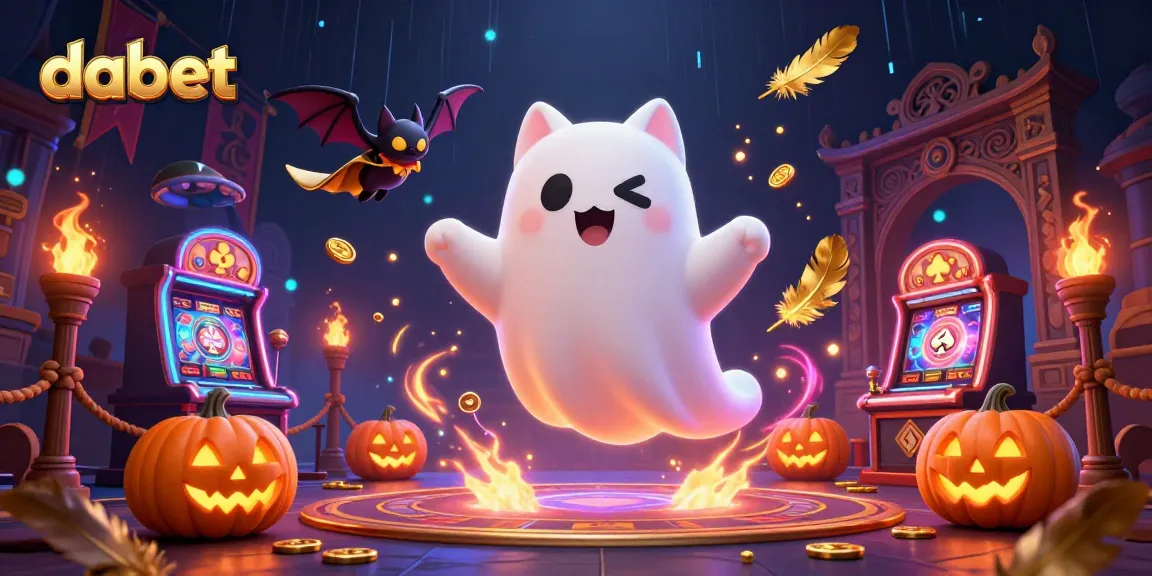 Dabet showcases an enchanting haunted casino scene featuring a friendly ghost cat, vampire bat, and glowing jack-o-lanterns.