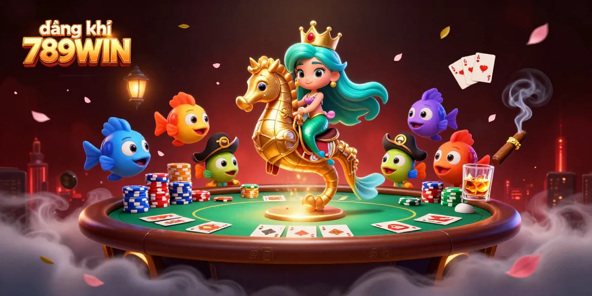 Engage with đăng ký 789WIN through a vibrant 3D casino scene featuring a mermaid and poker elements.