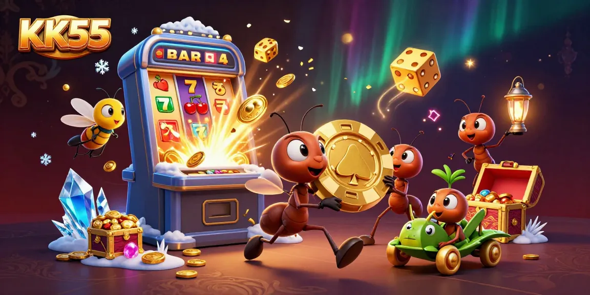 KK55 casino heist scene with ants, a firefly lookout, and grasshopper driver amidst colorful slot game elements.