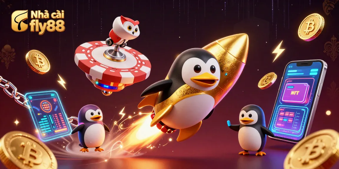Nhà cái fly88 showcases a golden penguin and poker chip in a rich 3D casino scene.
