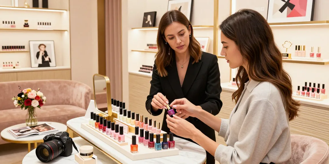 Pengalaman belanja LUXURY12 di butik dengan produk cat kuku mewah dan suasana elegan.