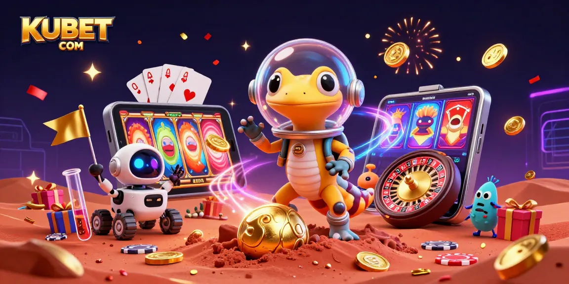 KUBET COM highlights a Martian gecko celebrating at a golden casino, surrounded by vibrant gambling elements.
