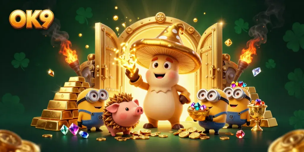 Experience the thrill of gaming at OK9 with an enchanting golden wizard and treasure-filled fantasy.