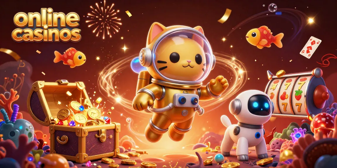 Engage in online casinos with a dynamic scene featuring a golden astronaut cat, robot dog, and vibrant slot game elements.