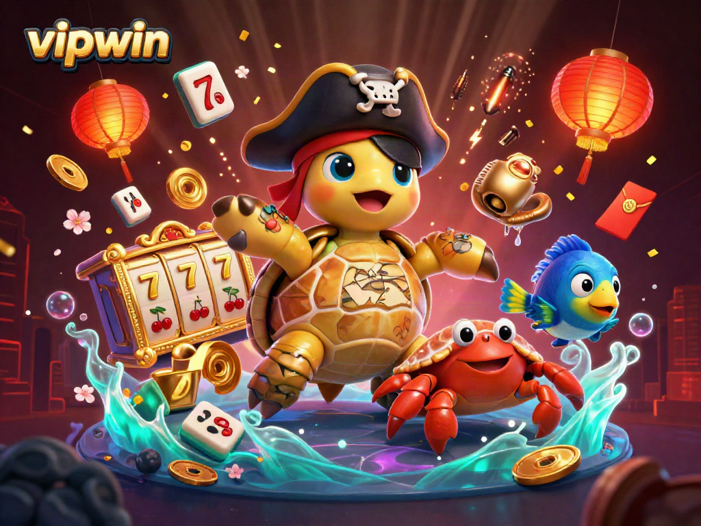 Experience the thrill of vipwin with vibrant casino-themed illustration showcasing characters and slot symbols.