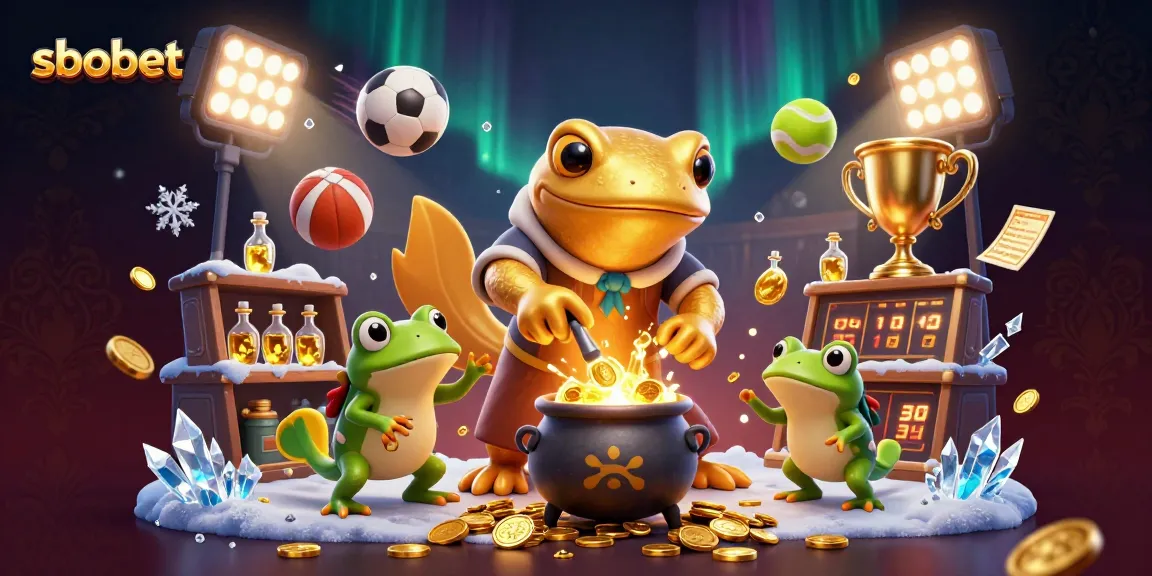 Bet on sbobet with a vibrant 3D illustration featuring alchemical transformation into gold coins.