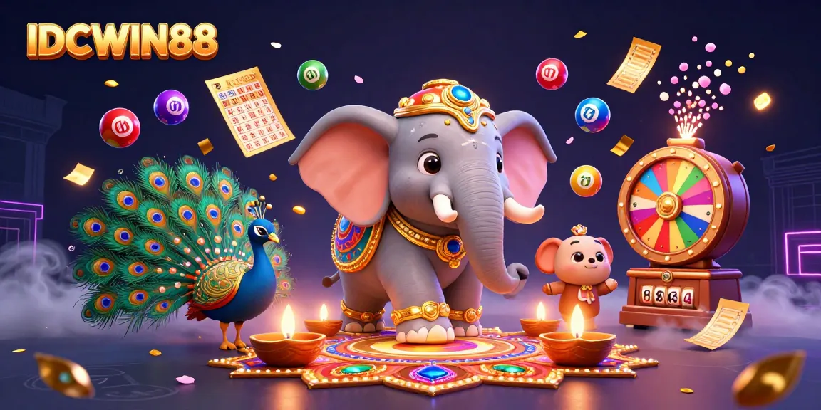 Spin and win with IDCWIN88's vibrant 3D illustration of colorful lottery elements and festive characters.