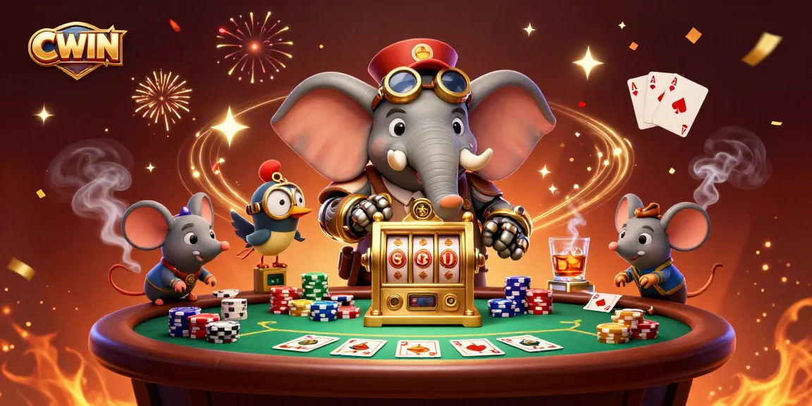 CWIN's exciting steampunk-themed 3D casino scene with animated characters and vibrant gaming elements.