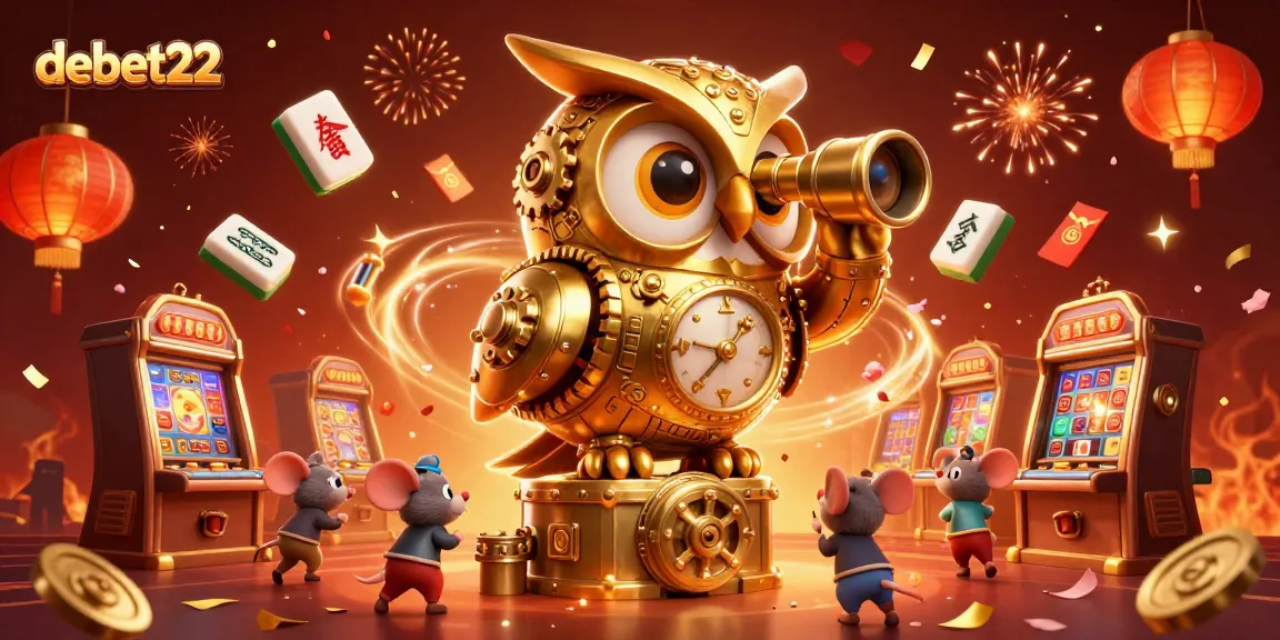 Experience the thrill of debet22 with a golden owl presiding over a bustling casino filled with excitement.