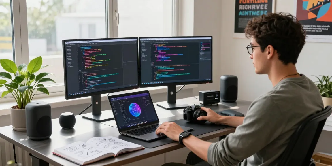 Developer utilizing generative AI technology in a modern workspace setup, showcasing a vibrant coding environment.