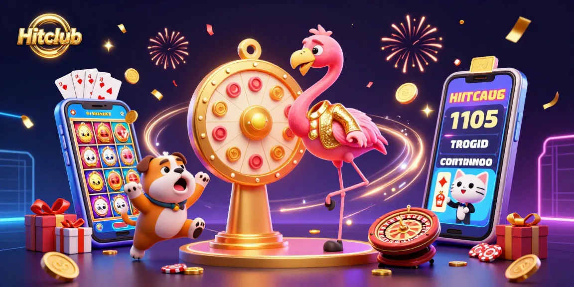 Hitclub players celebrate winnings with exciting gameplay in a vibrant casino scene filled with prizes.
