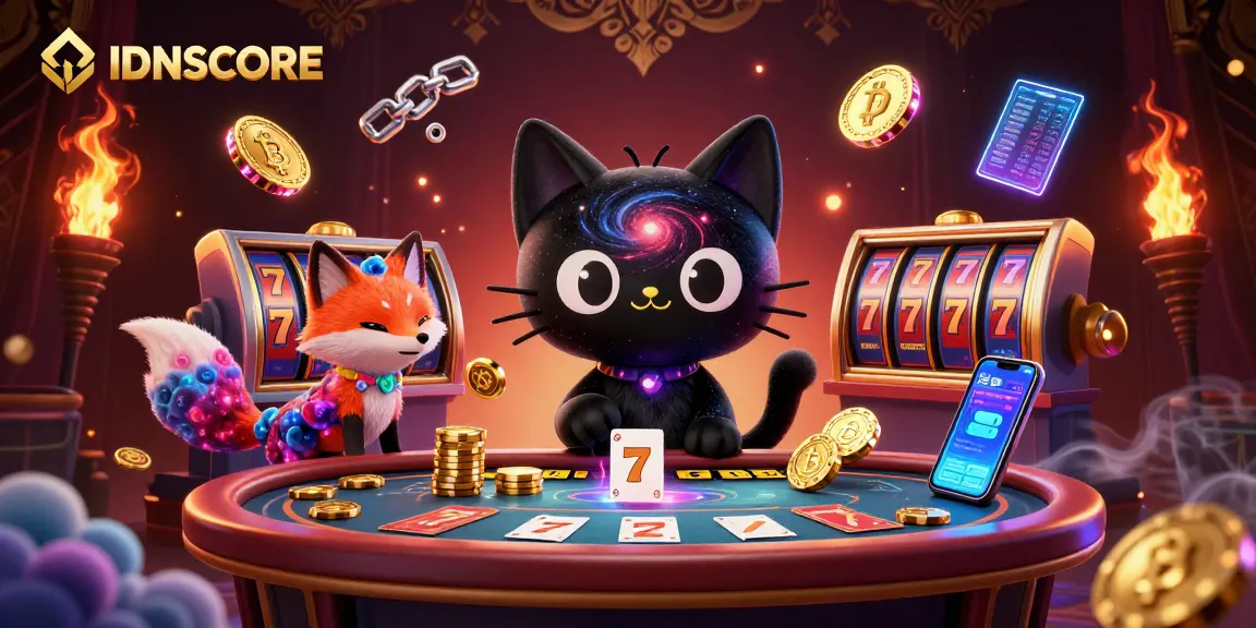 Experience thrilling gameplay at IDNSCORE with vibrant casino elements like slot reels and golden chips.