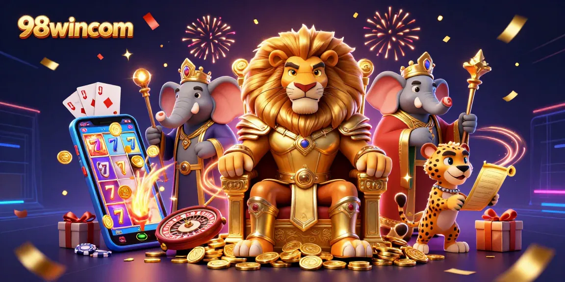 Experience the excitement of 98wincom with dynamic gaming elements and vibrant casino characters.