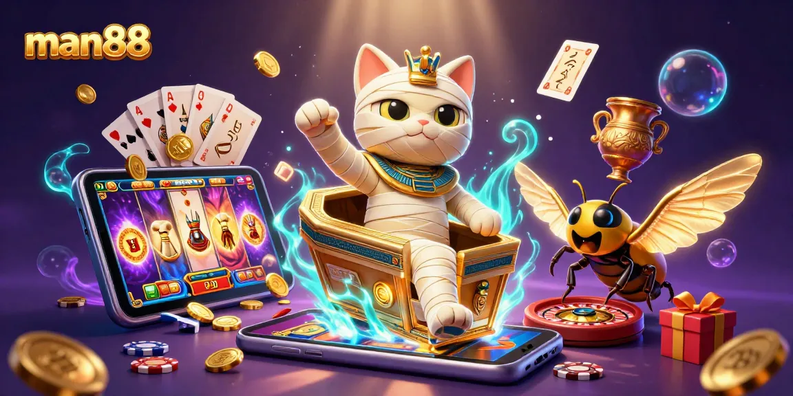 Spin the reels with man88's exciting casino adventure featuring a mummy cat and treasures!