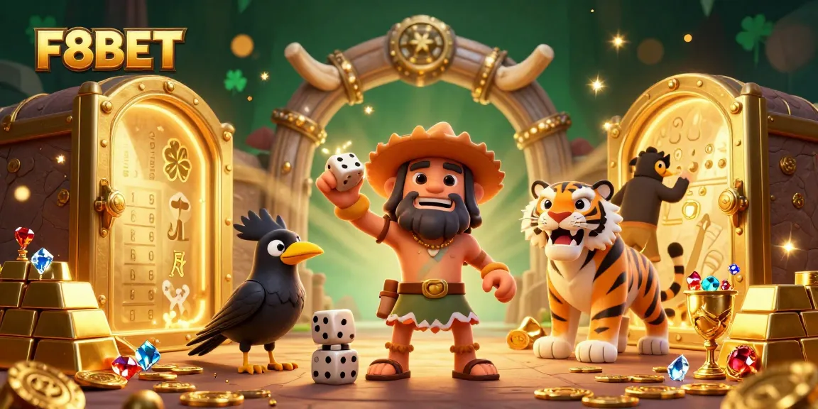 F8BET celebrates high-stakes gaming with a lively prehistoric casino illustration featuring rich treasures.