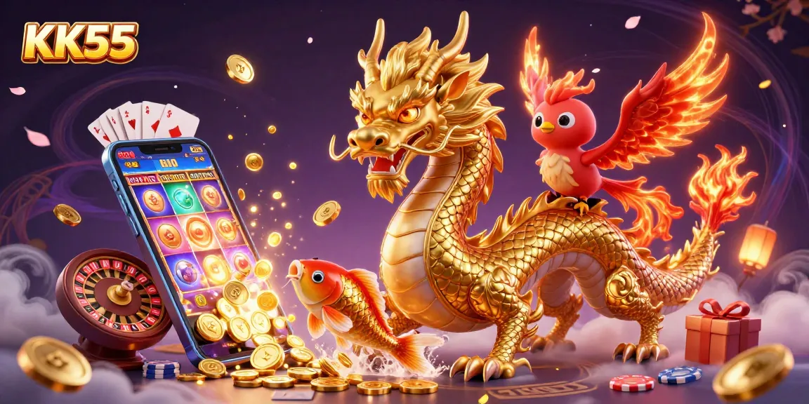 Experience thrilling gameplay at KK55 with vibrant slots, golden coins, and dynamic casino excitement.