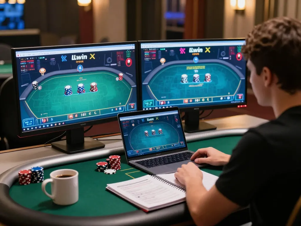 Gambler enjoying live poker on LLwin com, strategizing while surrounded by gaming setup.
