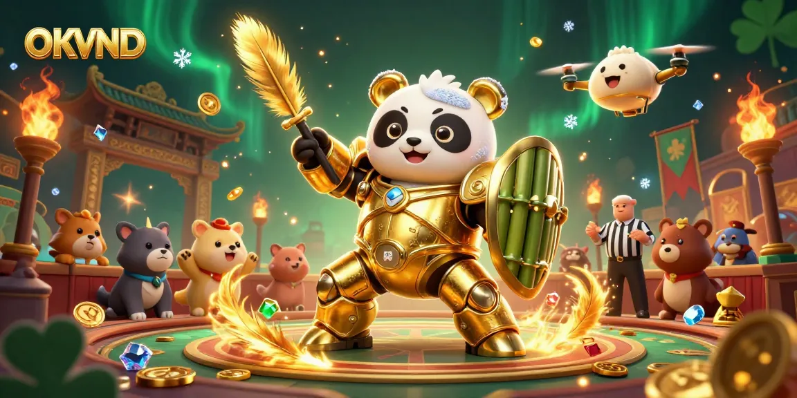 OKVND brings excitement with a golden panda in a vibrant casino arena, showcasing thrilling betting moments.