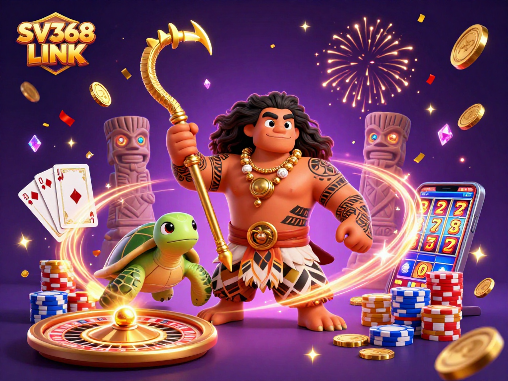 Engage with SV368 LINK in vibrant 3D casino illustration showcasing exciting gameplay elements.