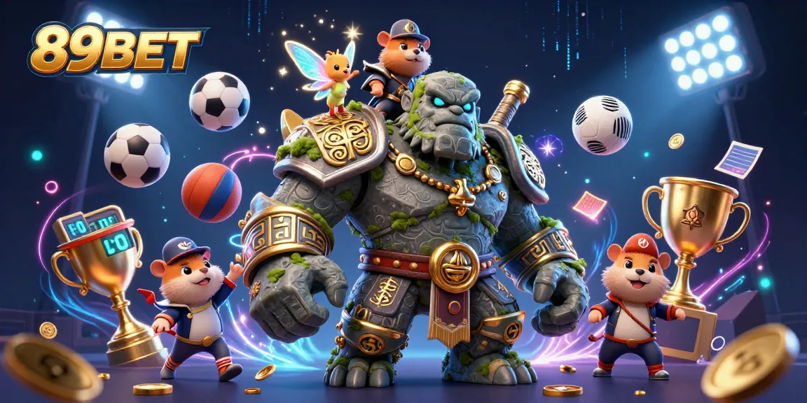 Engage with 89BET's dynamic betting experience featuring a charming golem and magical fairy.