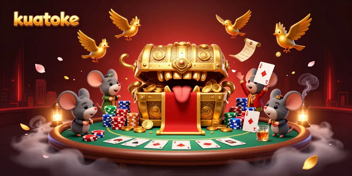 Kuatoke invites players to a vibrant casino scene with a cartoon treasure chest and poker elements.