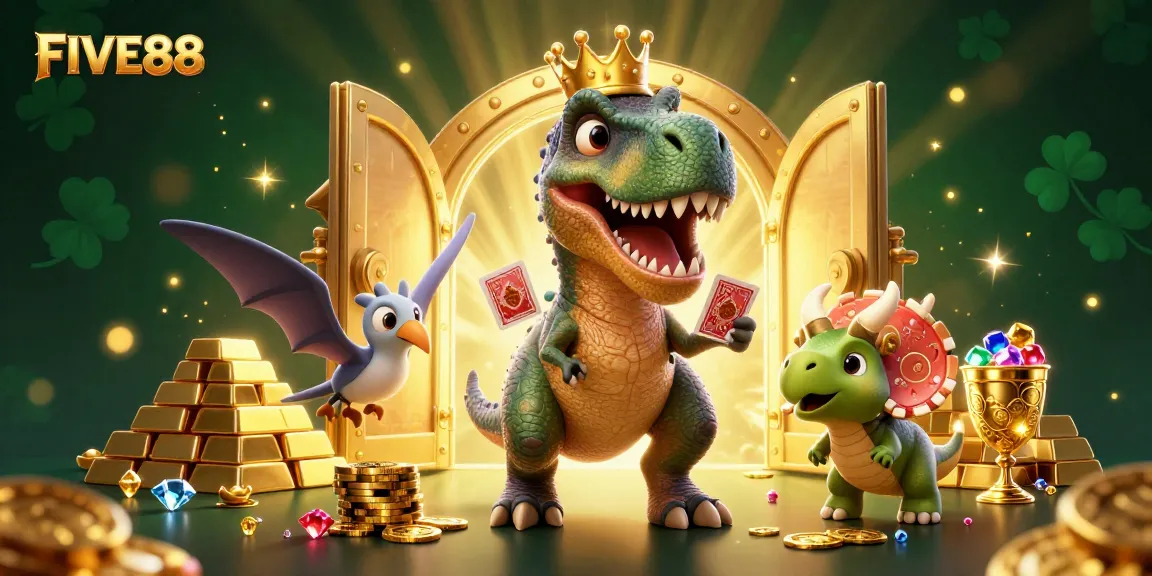 Engage with FIVE88's vibrant casino scene featuring cartoon dinosaurs enjoying games and gold.