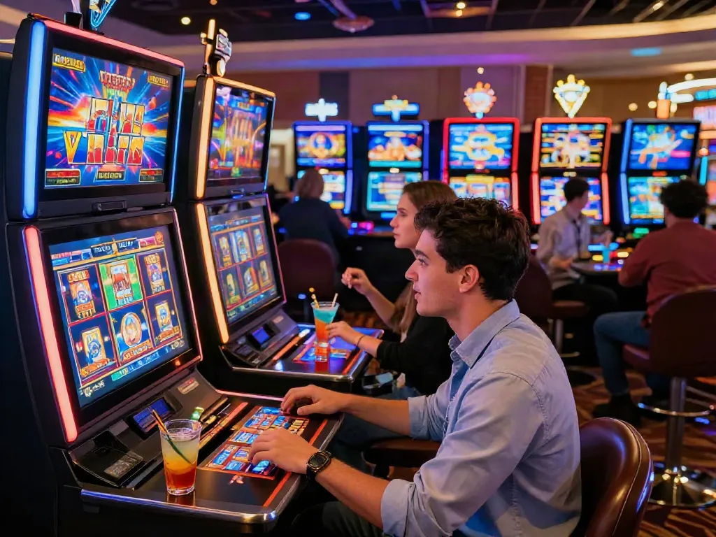 Thrilling gameplay at i24Slots Casino with players enjoying slot machines and vibrant virtual graphics.