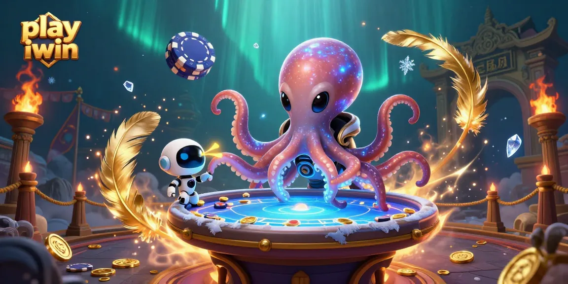 Play iwin with a colorful alien octopus at a holographic poker table surrounded by cosmic elements.