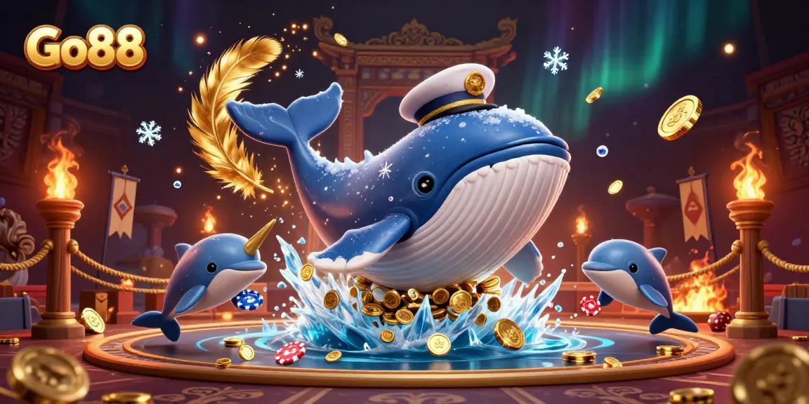 Experience thrills at Go88 with a vibrant scene featuring a whimsical whale and playful dolphins surrounded by casino elements.