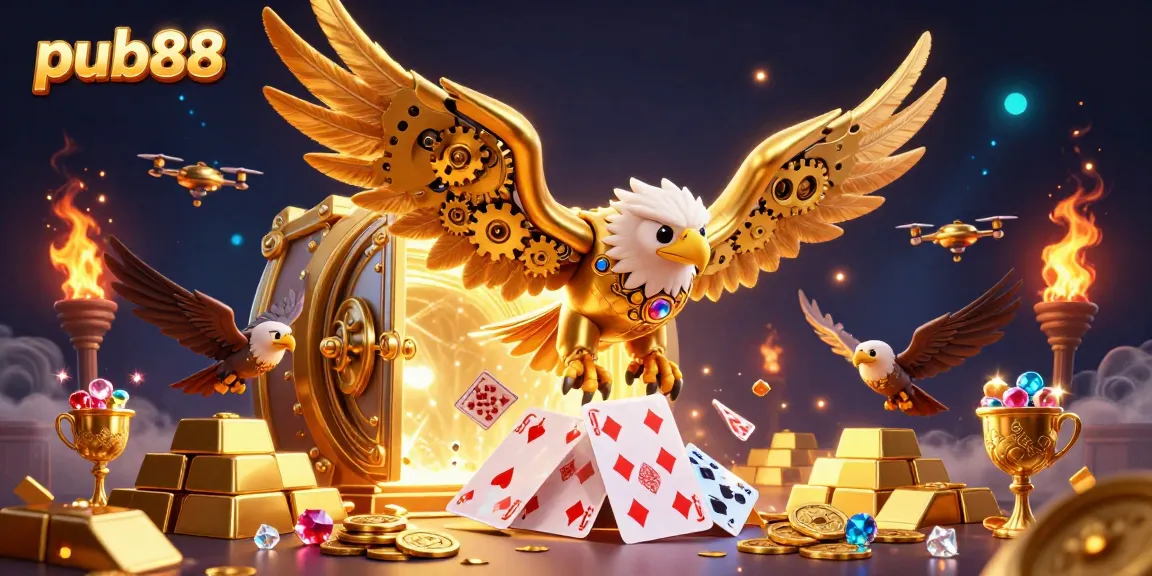 Experience the thrill of pub88 with a golden eagle diving through playing cards, surrounded by treasures.