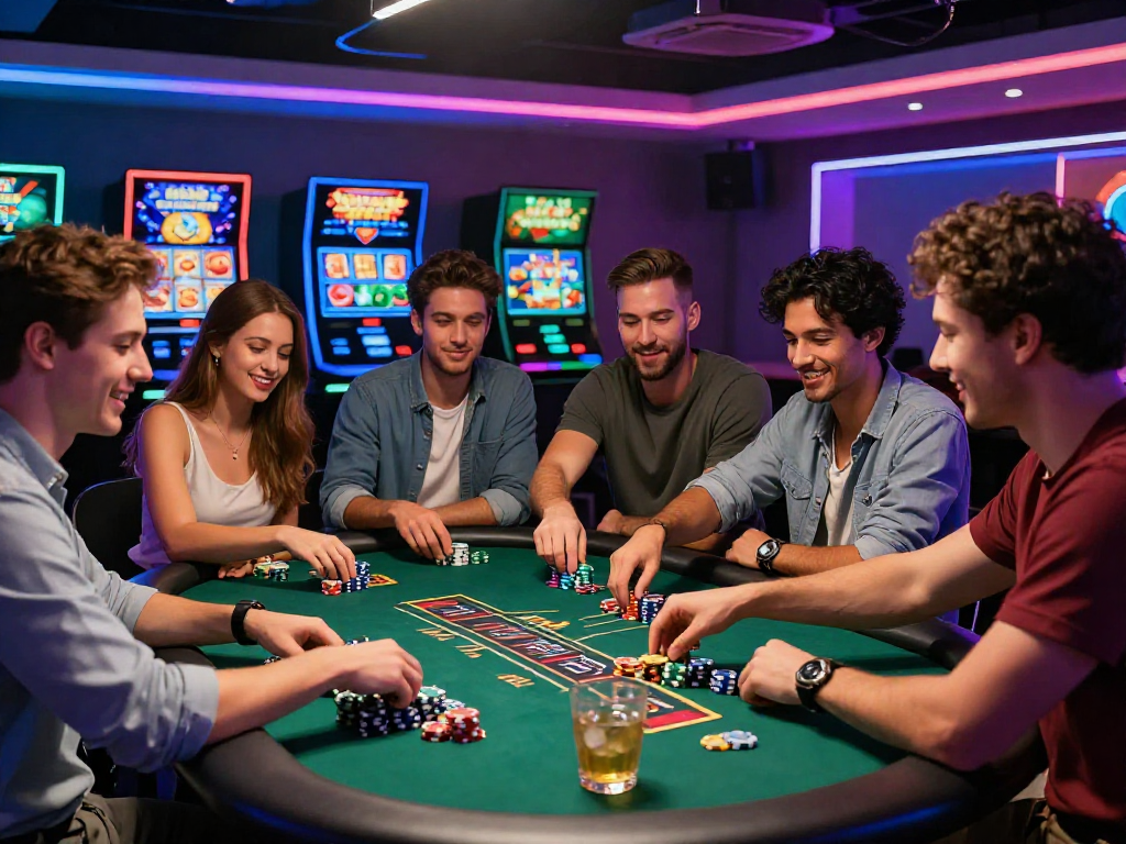 Un gruppo di amici che si diverte in un casino non AAMS, impegnato in giochi come slot e poker con un'atmosfera vivace e promozioni colorate.