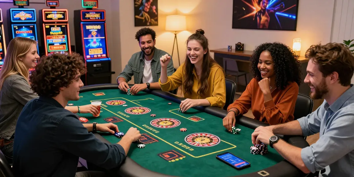 Enjoying the thrill of UK casinos not on Gamstop with friends in a lively home casino setup.