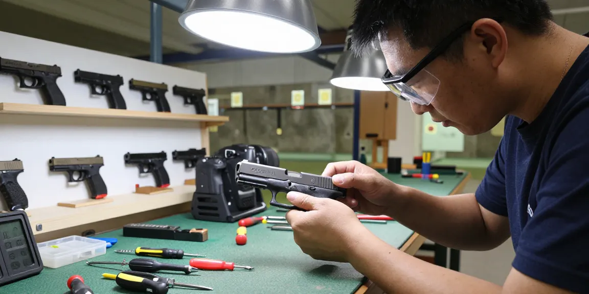 Customization of Glock slides at https://precisionglockslides.com by a skilled gunsmith showcasing precision, tools, and completed models.