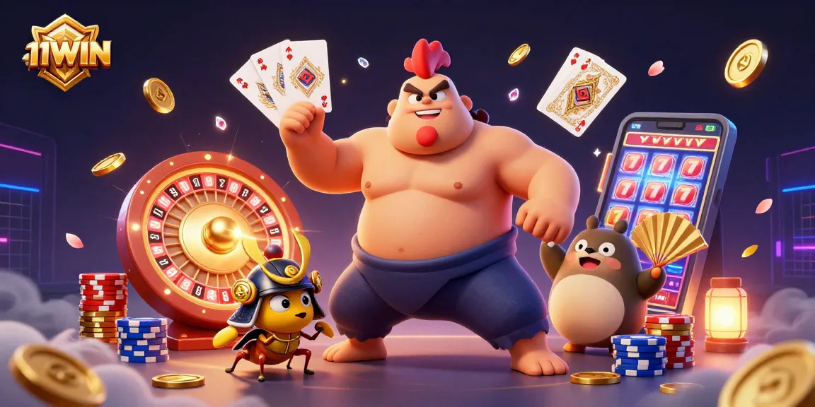 Experience the thrill of 11WIN with a dynamic 3D casino scene showcasing a powerful sumo rooster.