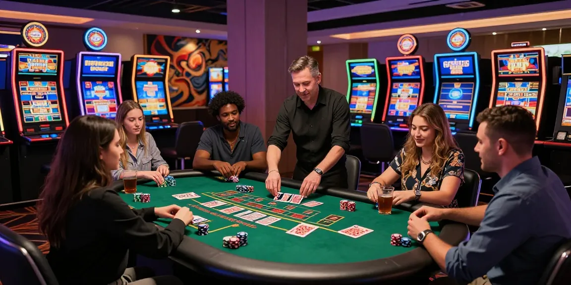 An exciting scene at gdsap.org.uk showcasing players enjoying credit card casino games, including blackjack and slot machines, in a vibrant and modern environment.