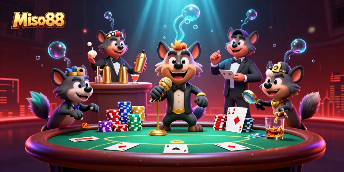 Miso88 offers an immersive casino experience with vibrant hyenas entertaining while players engage in thrilling card games.