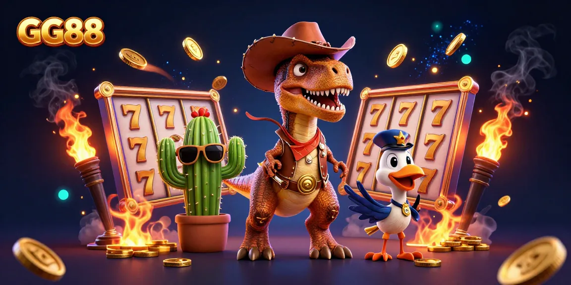 Experience the excitement of GG88 slots with a T-Rex, cactus, and roadrunner in stunning 3D.