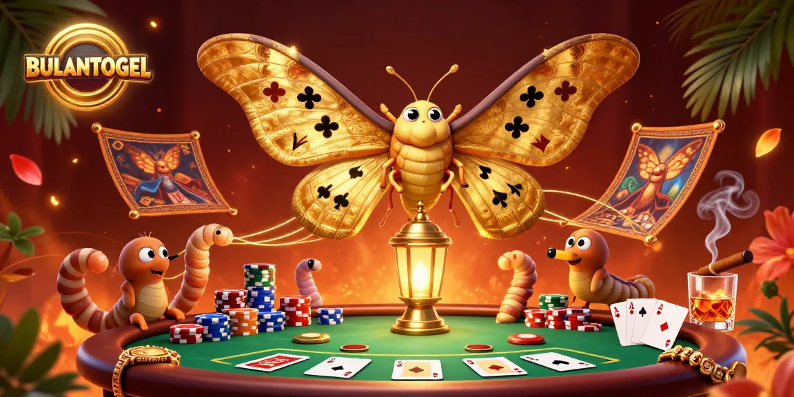 BULANTOGEL illuminates a vibrant casino scene featuring a majestic moth, poker chips, and rich gaming elements.