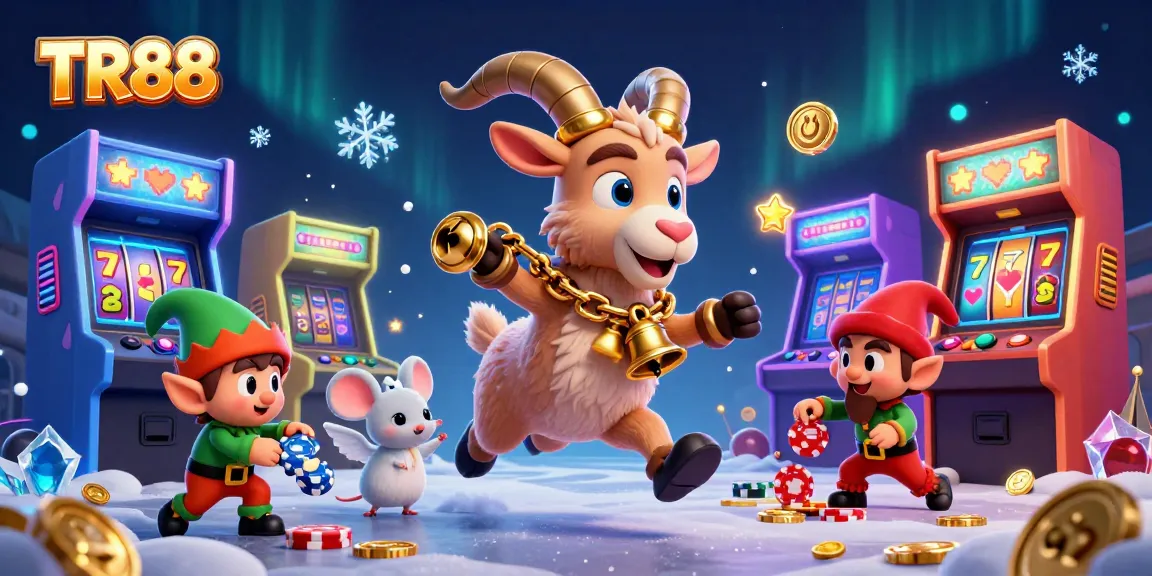 Engage with TR88 as Krampus interacts with characters in a festive casino scene filled with colorful gaming elements.