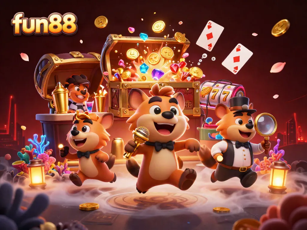 Experience fun88 in a vibrant, lively casino atmosphere with hyenas engaging in various activities.