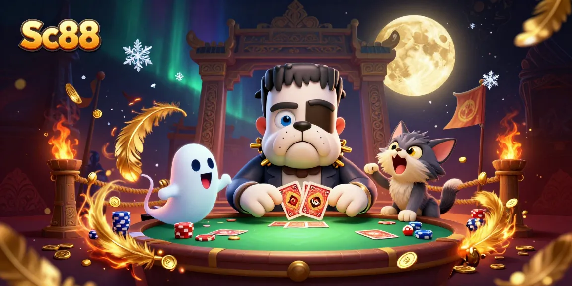 Sc88 casino scene featuring a Frankenstein bulldog dealing cards surrounded by ghostly elements and vibrant decorations