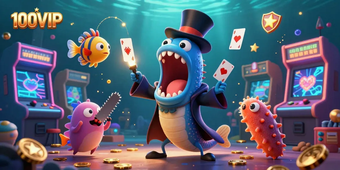 100VIP casino magic scene with a bioluminescent eel performing card tricks among game machines.