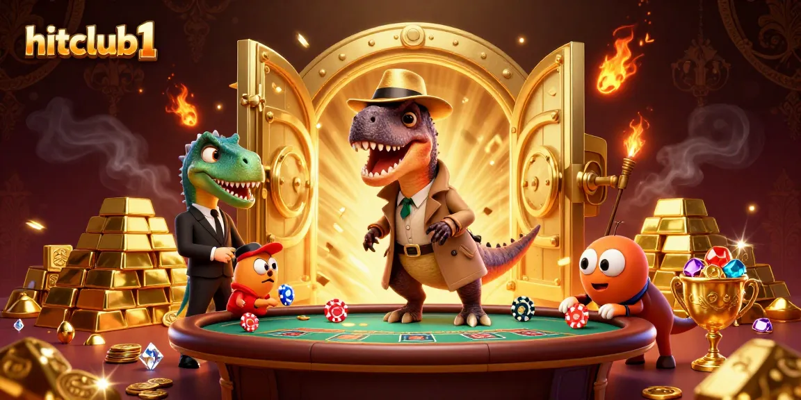 Engage in captivating games at hitclub1, where a stealthy velociraptor plays cards, under the watch of a stegosaurus pit boss.