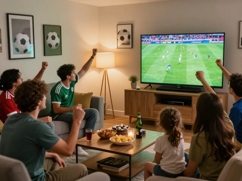 Viewers enjoying an exciting football match on luongson117.tv in a lively living room setting.