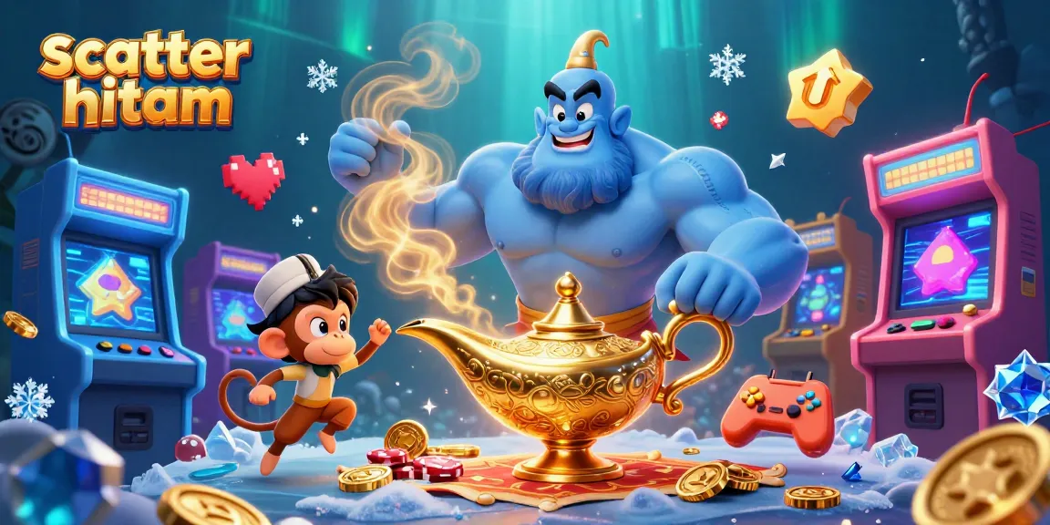 Engage with scatter hitam in an ultra-detailed 3D casino scene featuring a genie and gaming elements.
