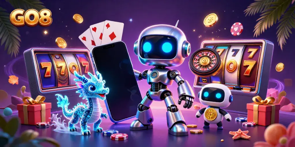 Engage with GO8 in this vibrant 3D illustration showcasing a robot and holographic companions amidst dynamic casino elements.